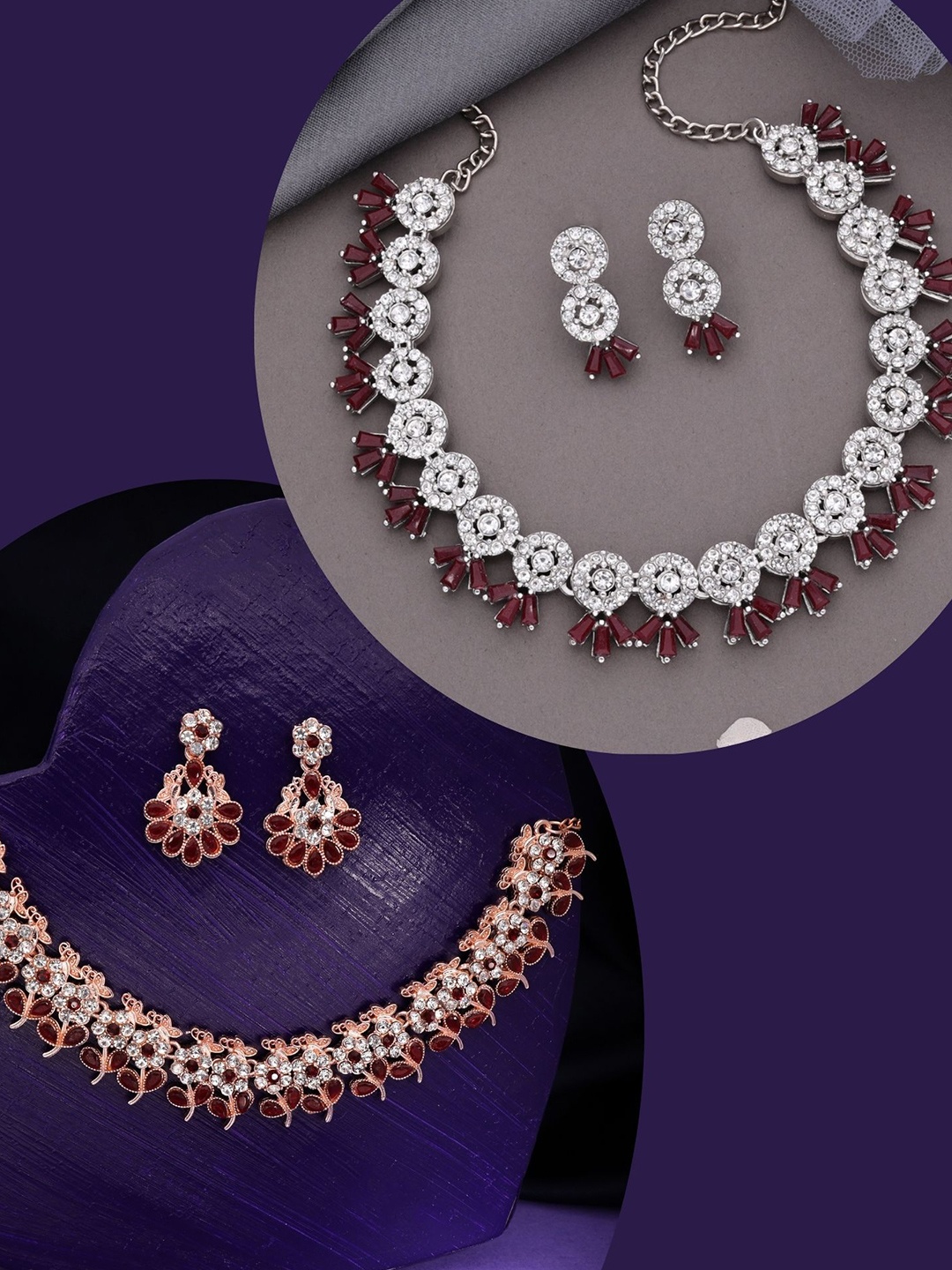 

DIVASTRI Pahal Set Of 2 Silver-Plated & Rose Gold-Plated AD Studded Jewellery Set