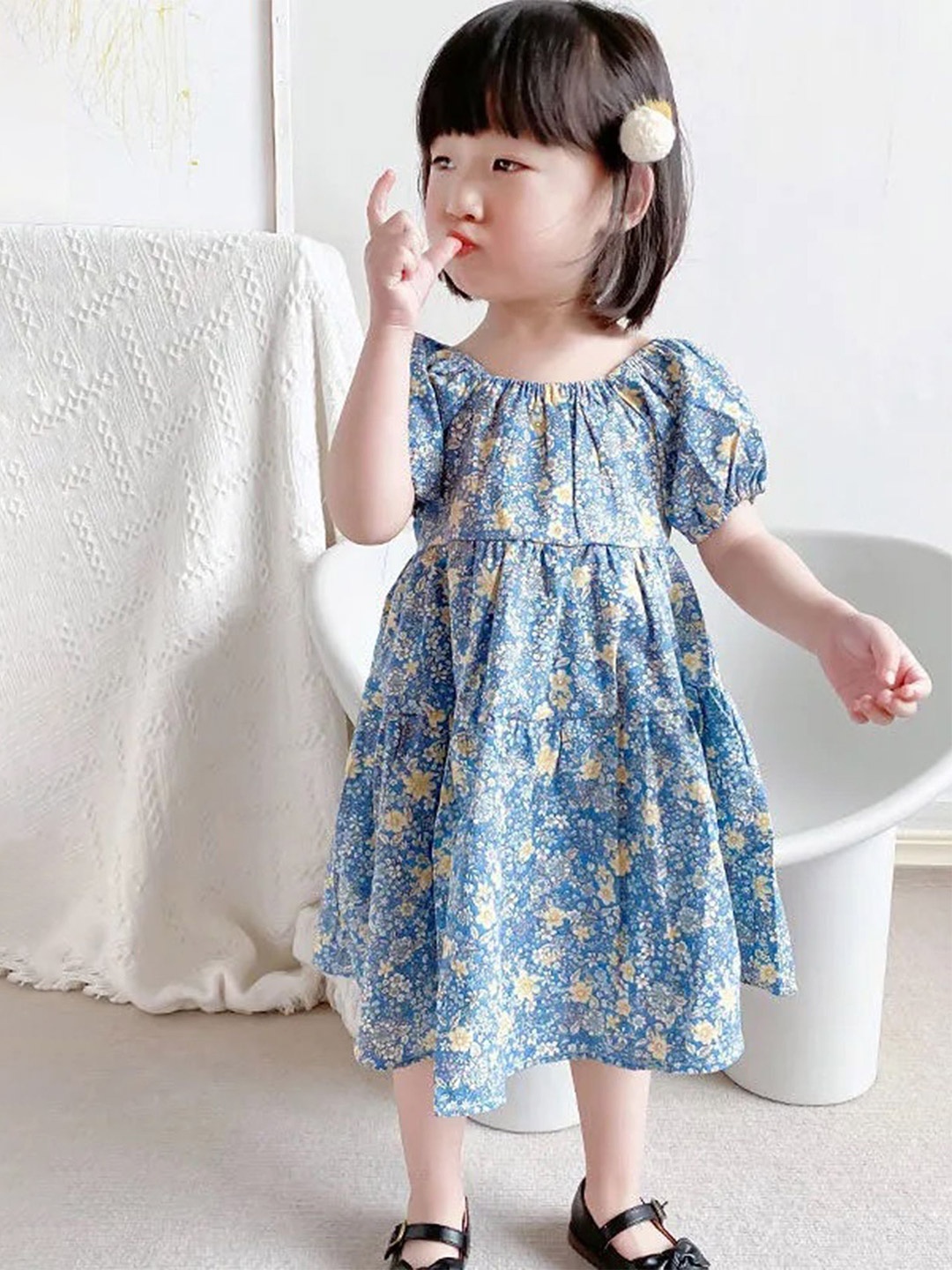 

LULU & SKY Girls Floral Printed Cotton Fit & Flare Midi Dress, Blue