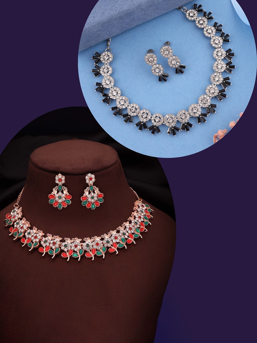 

DIVASTRI Set Of 2 Gold Plated Plated Artificial Stones Studded Jewellery Set, Silver