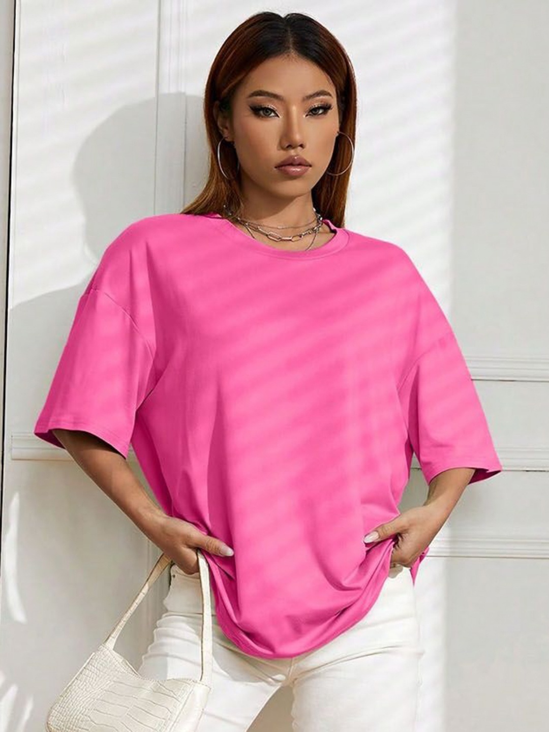 

CORSICA Women Solid Round Neck Cotton Relaxed Fit T-shirt, Pink