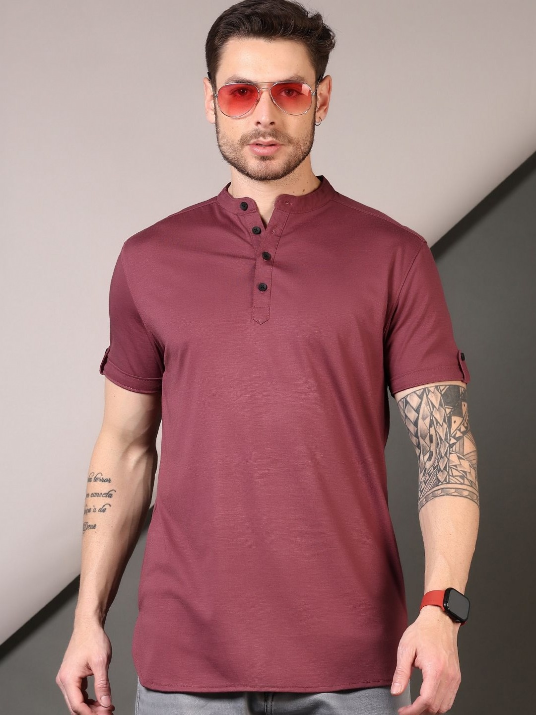 

V-Mart Men Solid Henley Neck Cotton T-shirt, Mauve
