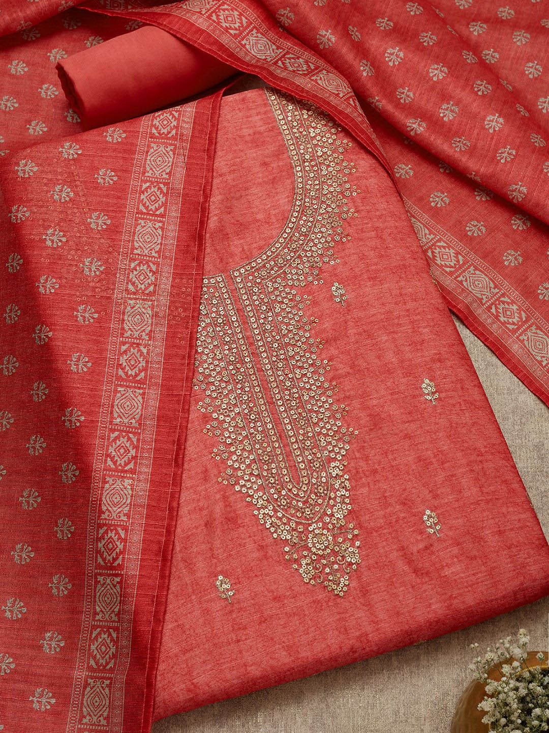 

Soch Floral Embroidered Sequinned Chanderi Unstitched Dress Material, Pink