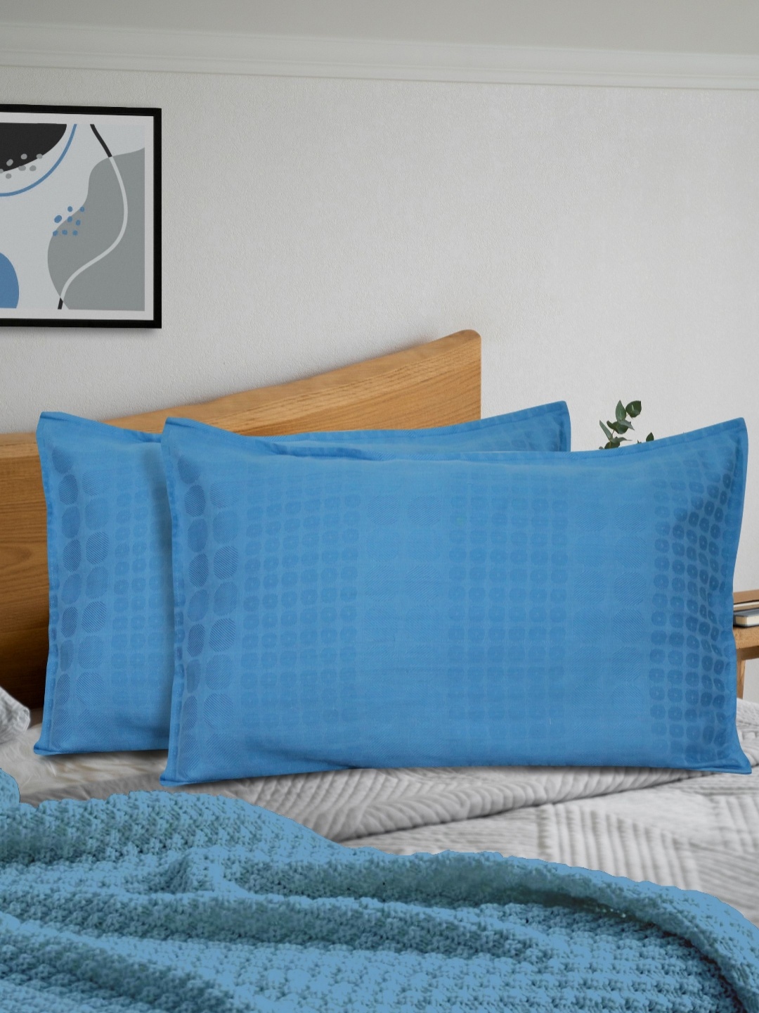

HOME COLORS.IN Blue 2 Pieces Jacquard Pure Cotton Rectangle Pillow Covers