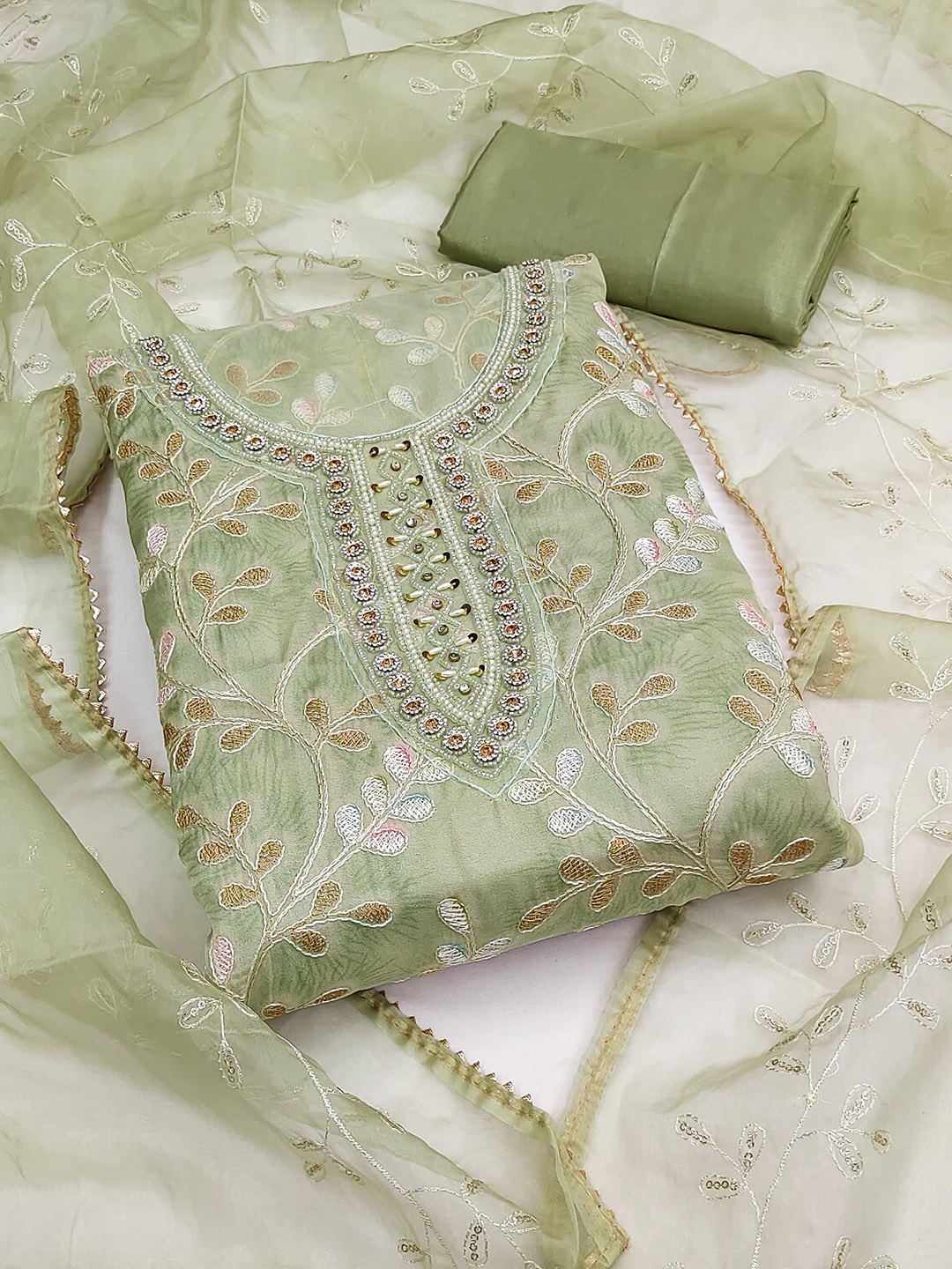 

SAINOOR Floral Embroidered Organza Semi-Stitched Dress Material, Green
