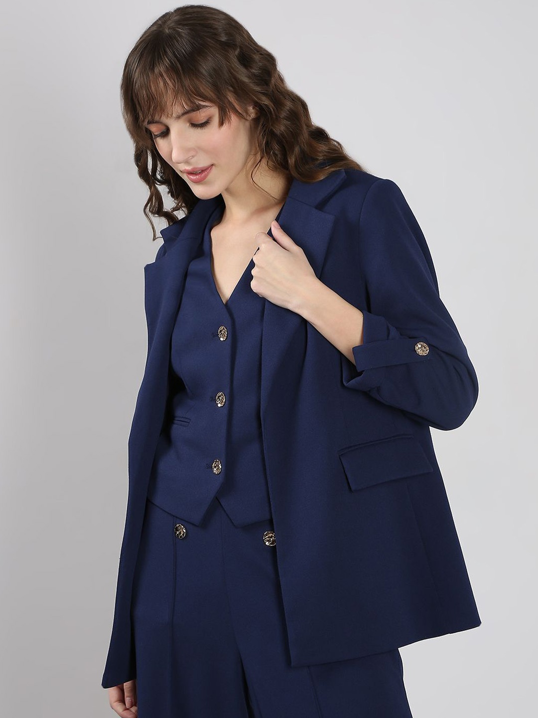 

Vero Moda Notched Lapel Single-Breasted Front-Open Blazers, Navy blue