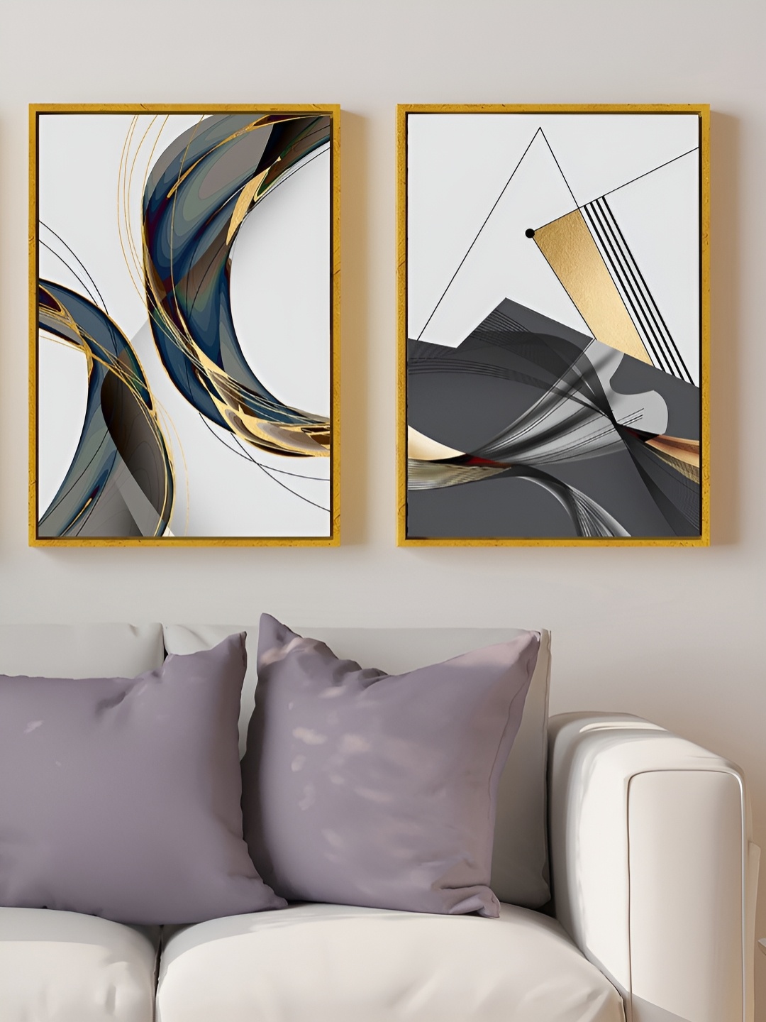 

Myntra Elegant Homes Gold-Toned & White 2 Pieces Modern Line Abstract Canvas Wall Art