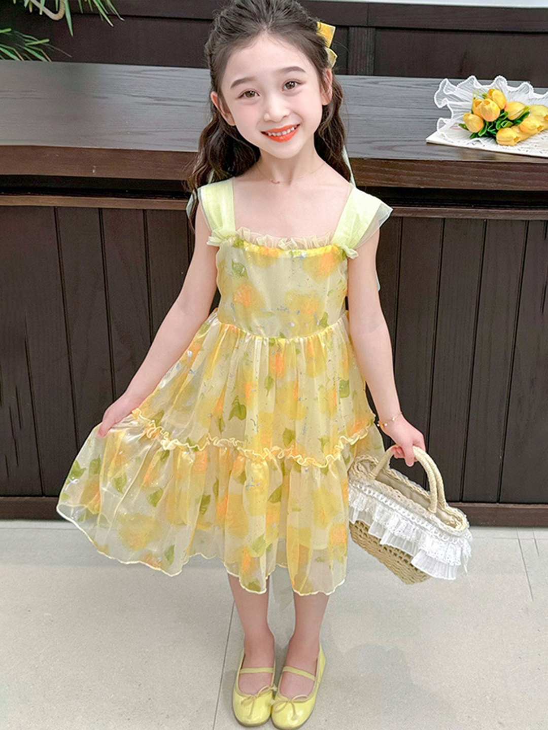

LULU & SKY Girls Floral Printed Fit and Flare Dress, Yellow