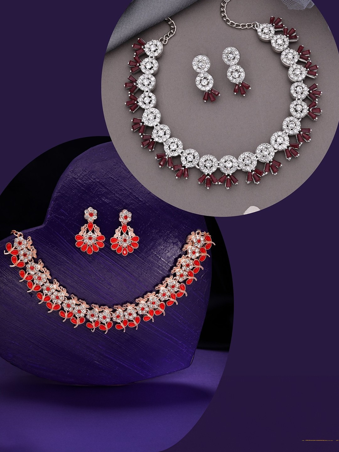 

DIVASTRI Set Of 2 Rose Gold & Silver-Plated American Diamonds Studded Jewellery Set