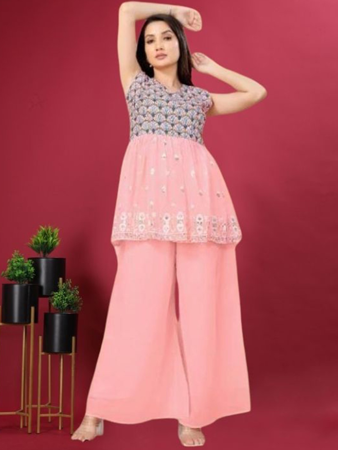 

PARROT CREATION Floral Embroidered Georgette V-Neck Kurti With Palazzos & Jacket, Pink