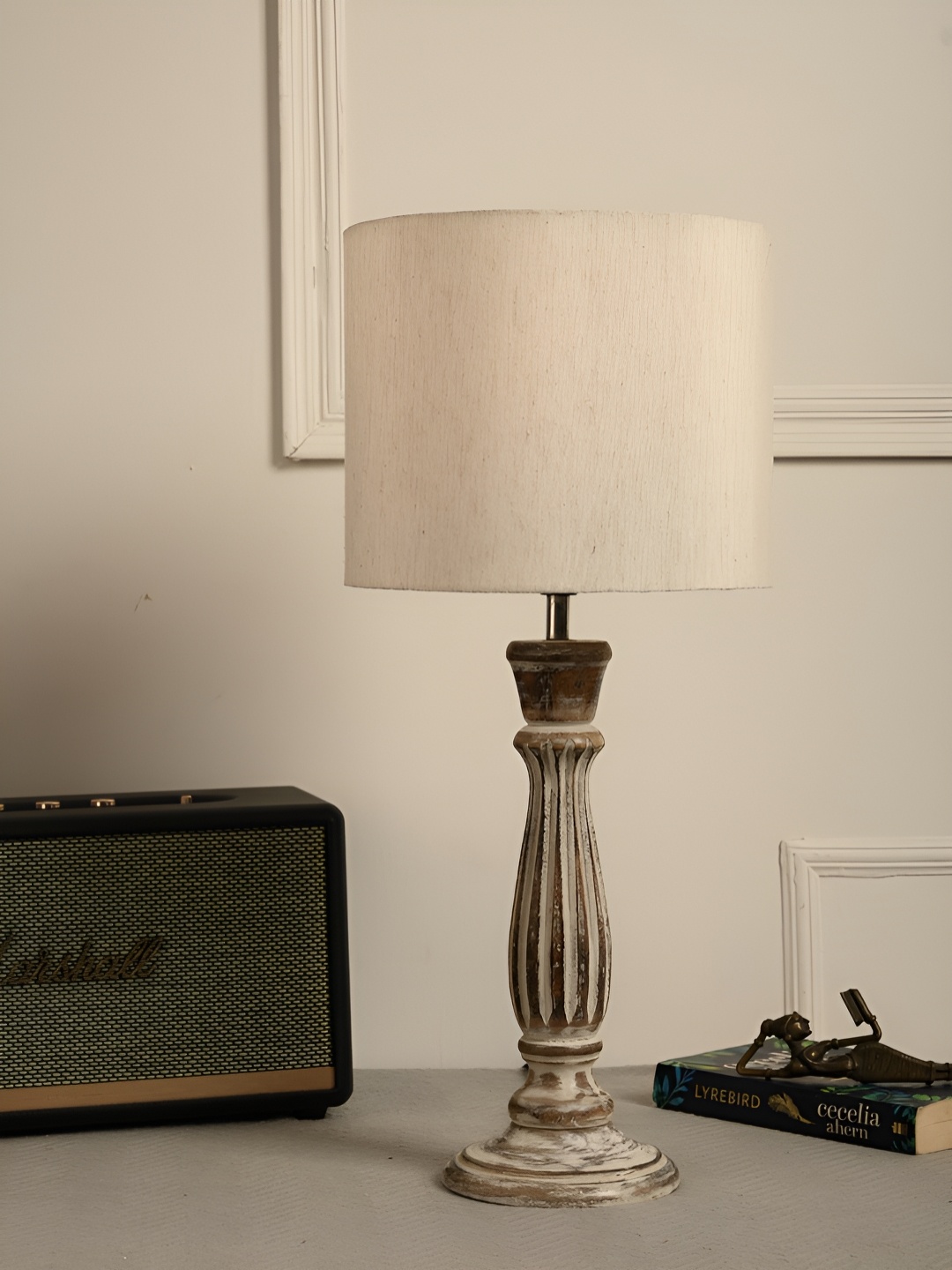 

green girgit White Cylindrical Shaped Wooden Table Lamp With Bulb