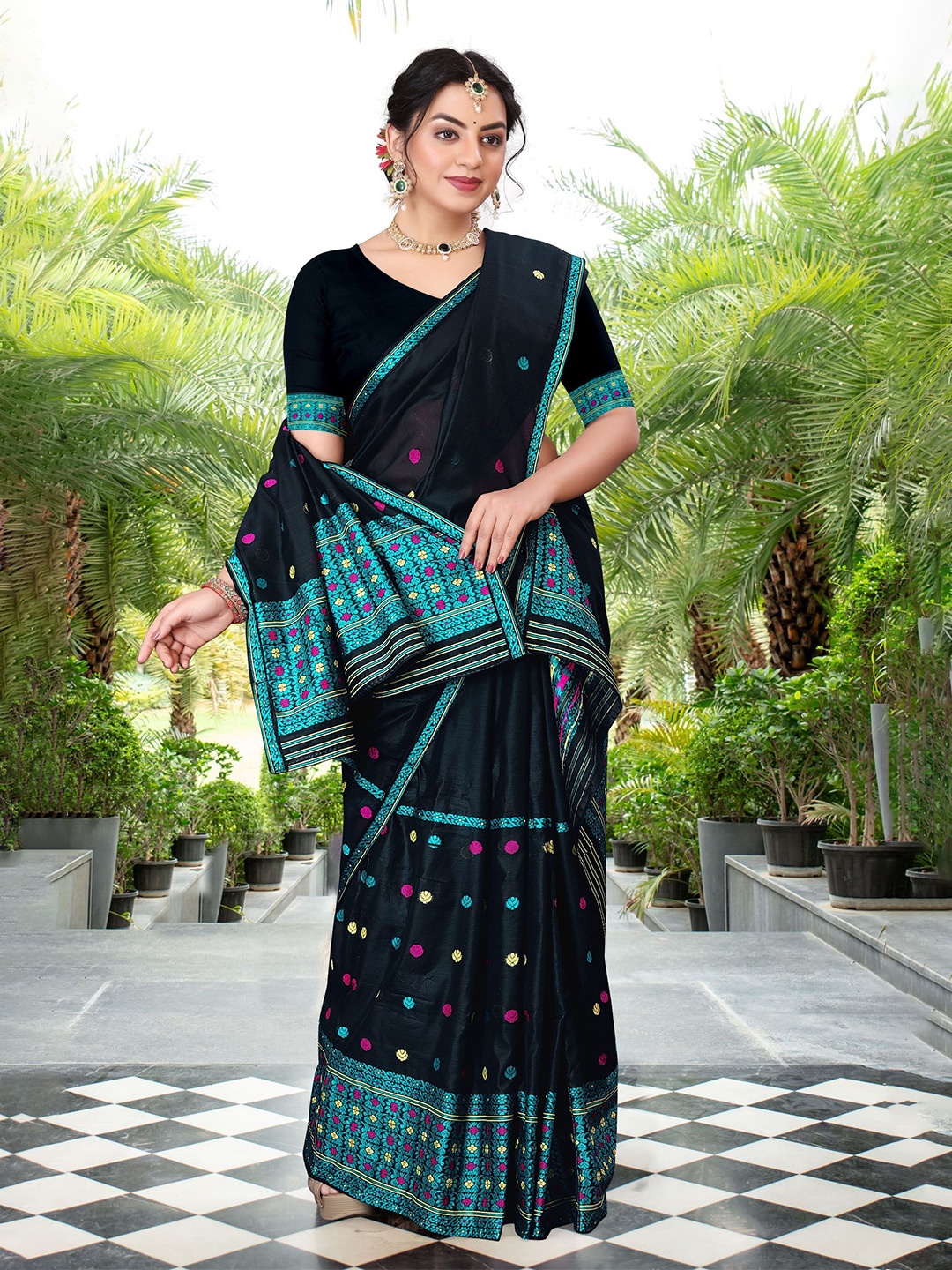 

KAMDAR Jacquard Weave AC Cotton Assamese Mekhela Chador, Green