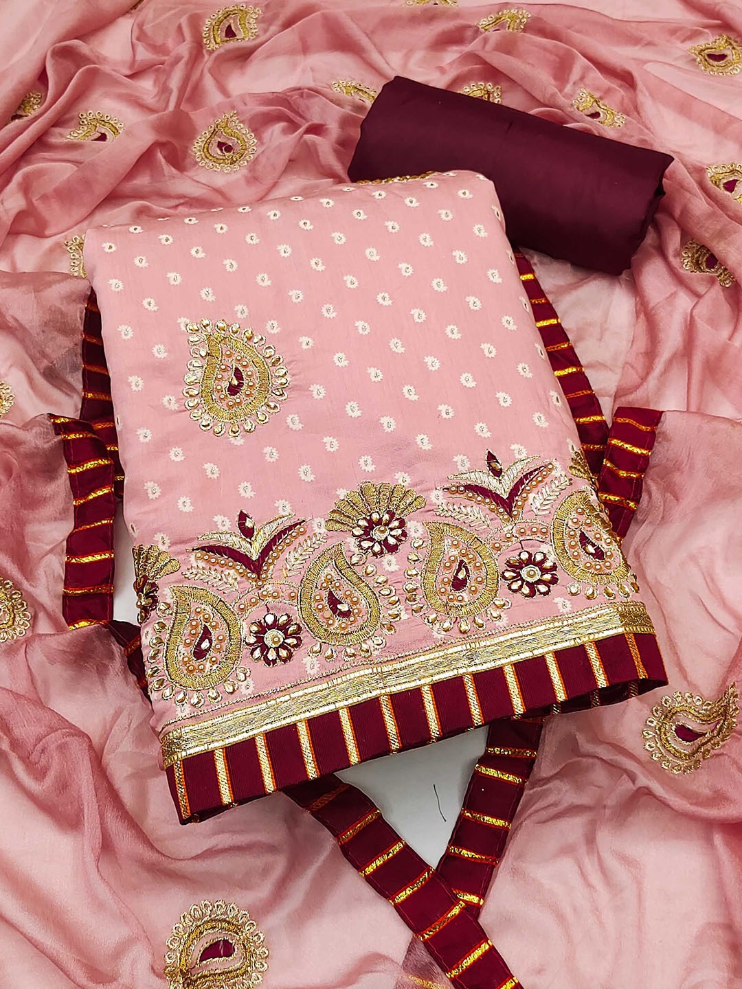 

SAINOOR Floral Embroidered Pure Cotton Semi-Stitched Dress Material, Peach