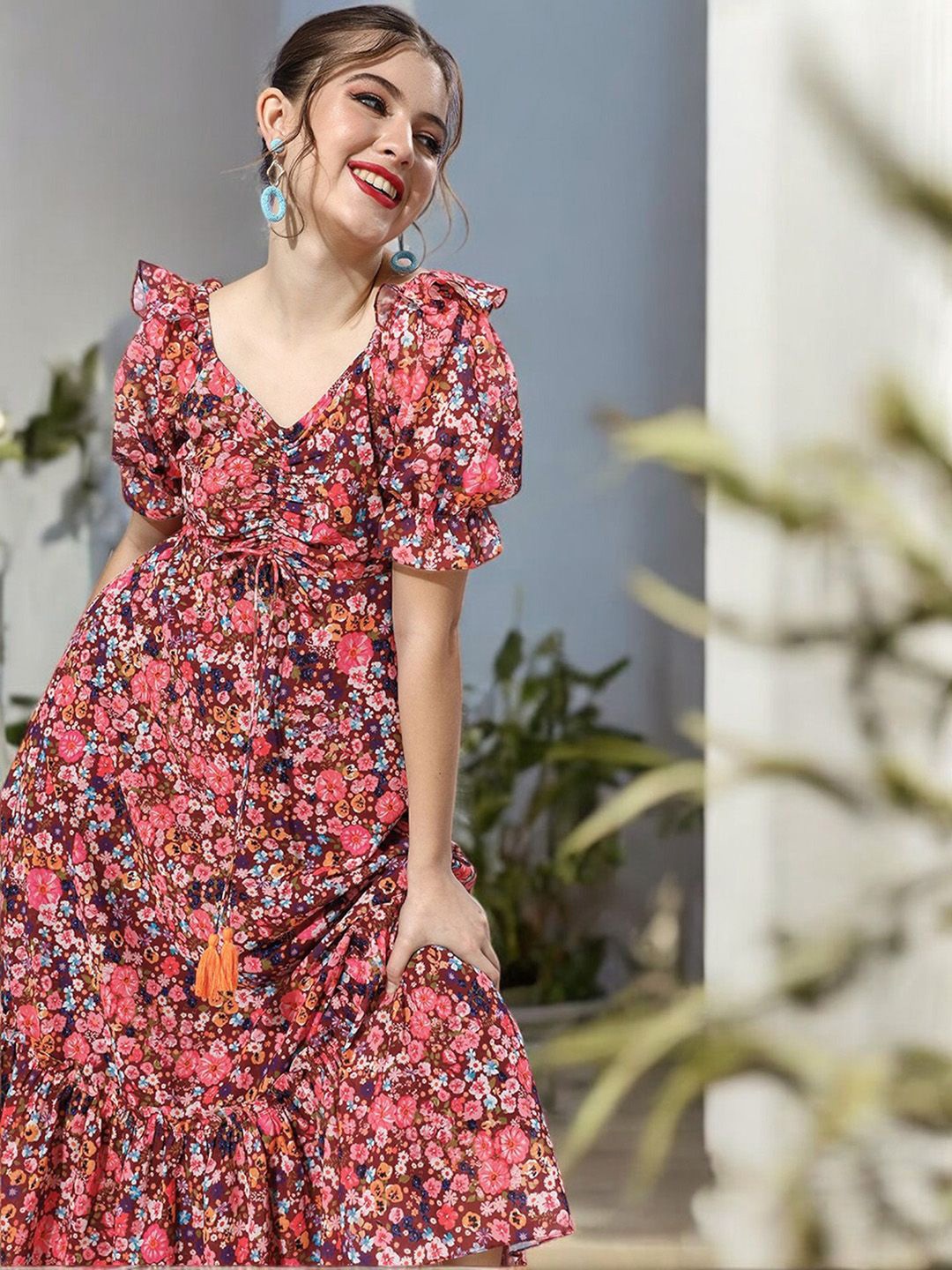 

Miss Chase Floral Print Puff Sleeve Georgette Fit & Flare Maxi Dress, Multi