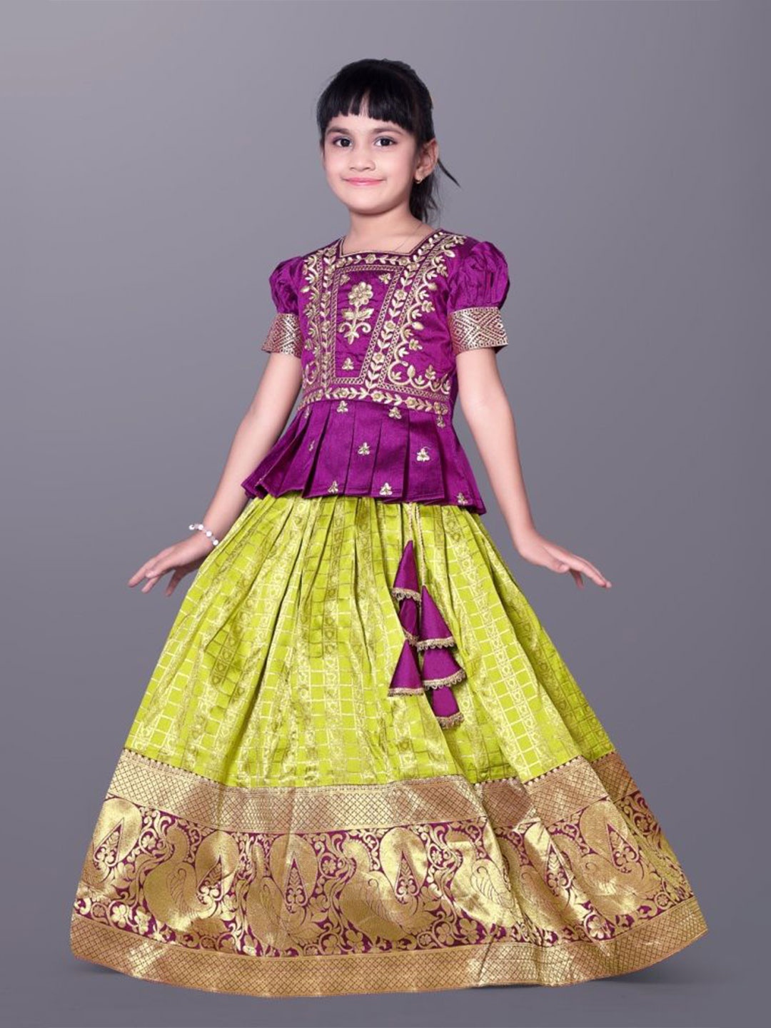 

BAESD Girls Embroidered Puffed Sleeves Square Neck Thread Work Ready to Wear Lehenga Choli, Magenta