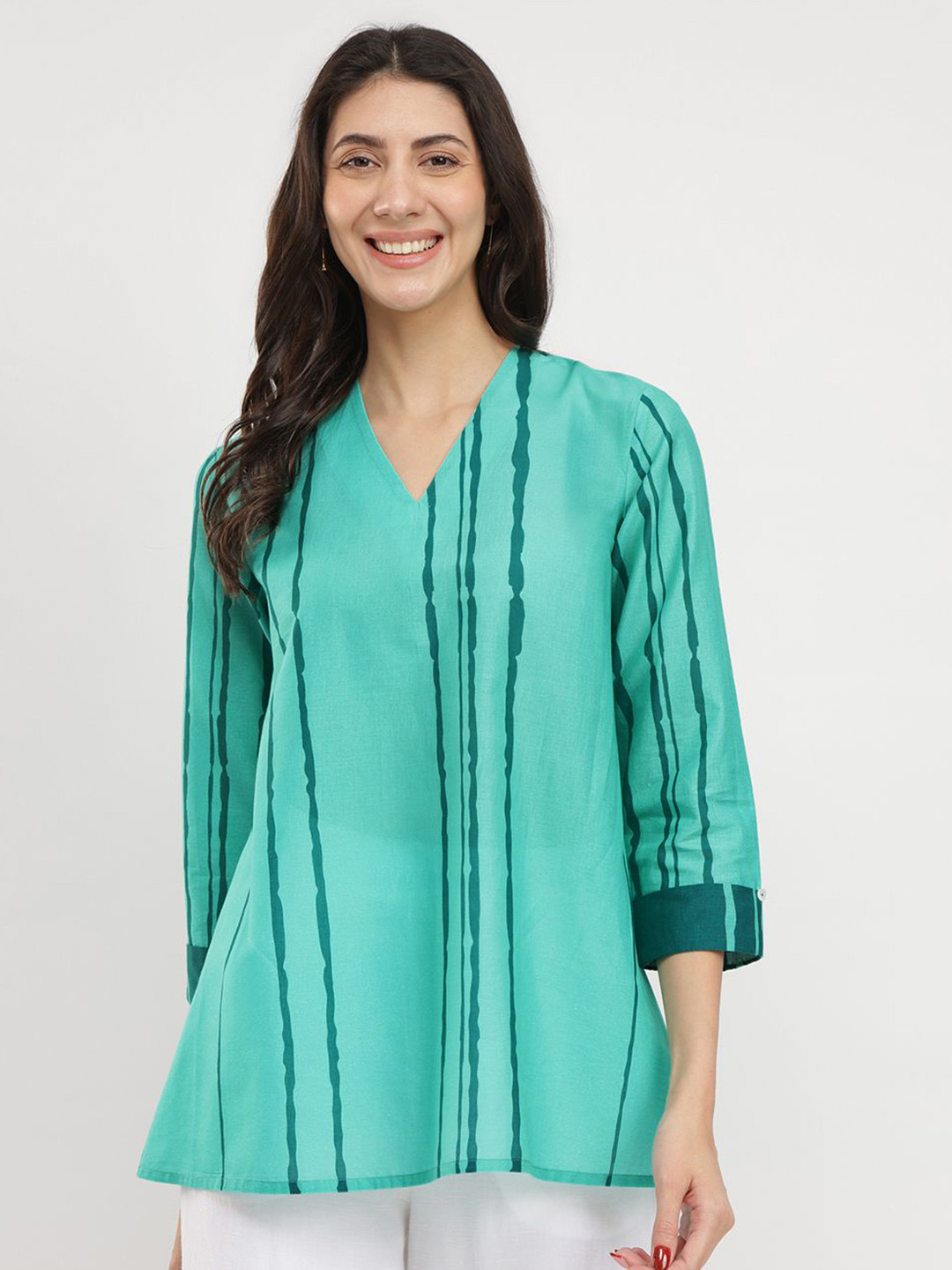 

Pink Fort Cotton Striped V-Neck Top - Green