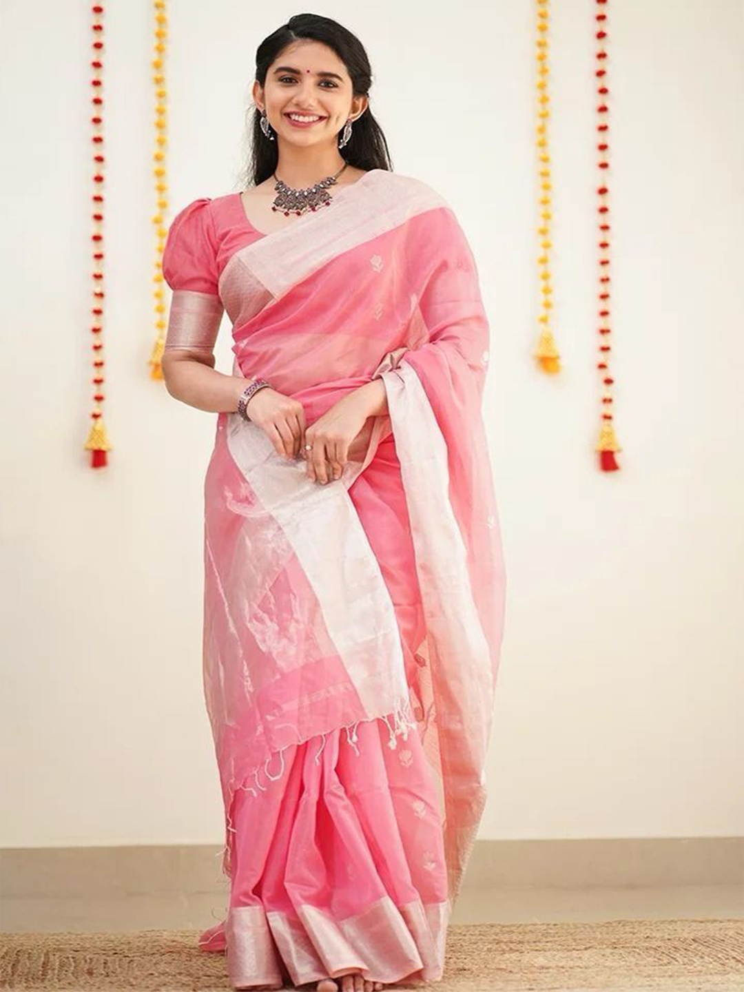 

LADY SHOPI Woven Design Zari Pure Silk Banarasi Saree, Pink