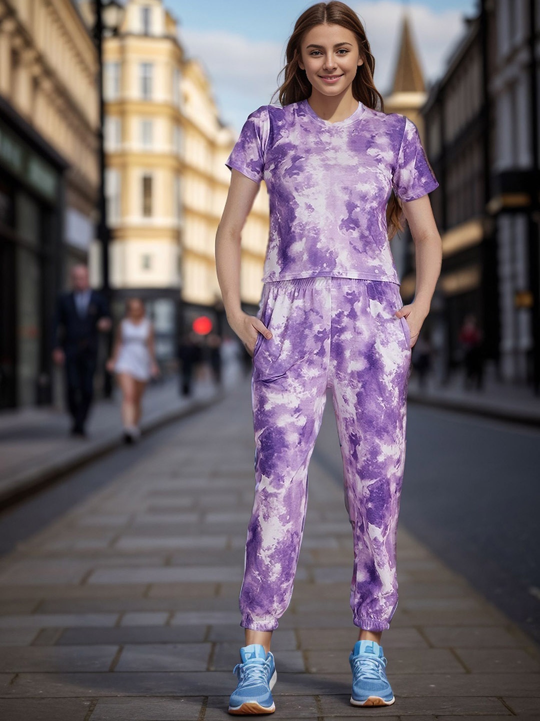 

DressBerry Dyed Printed Round Neck T-Shirt With Joggers Co-Ords Set, Purple