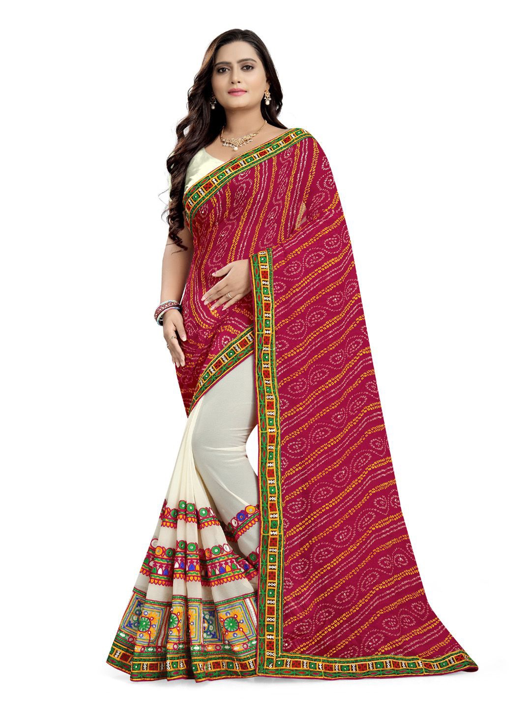 

DIVASTRI Bandhani Mirror Work Poly Georgette Half and Half Saree, Pink