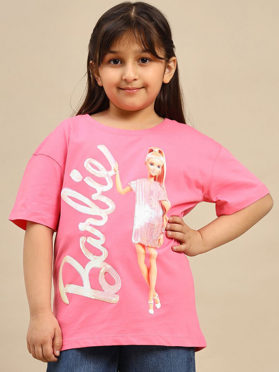 

Kids Ville Girls Barbie Printed Pure Cotton Round Neck Oversized Tshirt, Pink