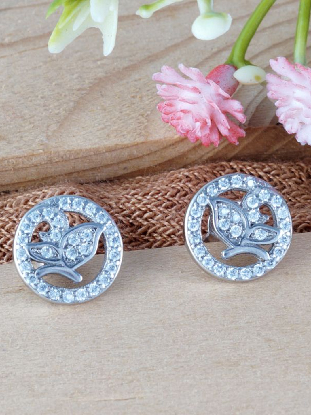 

Tuanz Silver Jewelry 925 Sterling Silver Rhodium-Plated Stone Studded Contemporary Studs