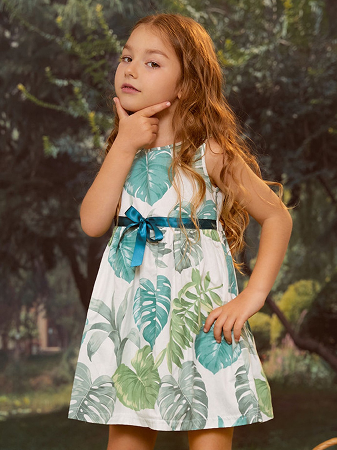 

LULU & SKY Girls Tropical Printed Round Neck Sleeveless A-Line Dress, White