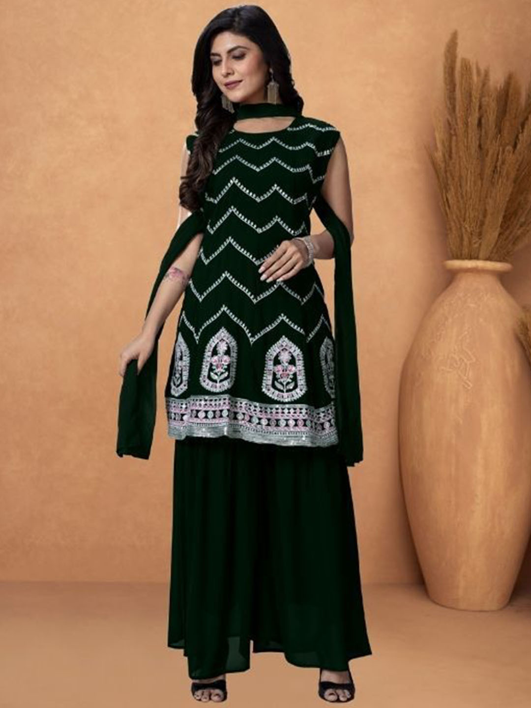 

PARROT CREATION Floral Embroidered Georgette Kurti With Sharara And Dupatta, Black