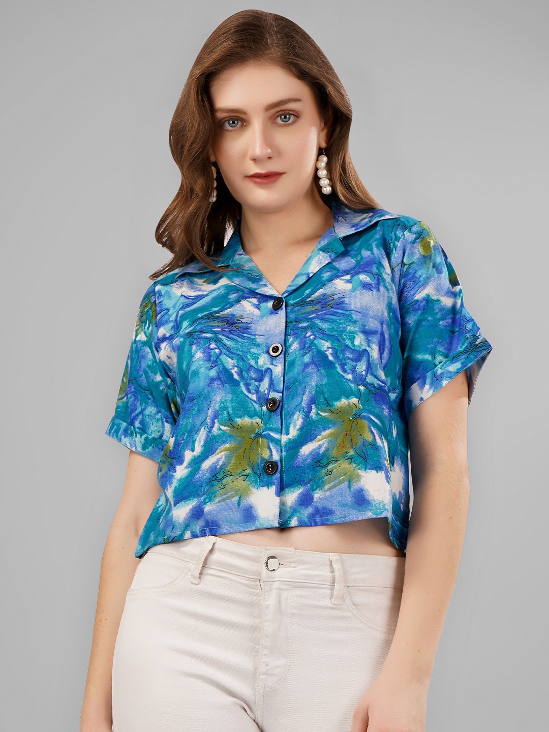 

Milastru Cotton Printed Party Crop Shirt, Blue