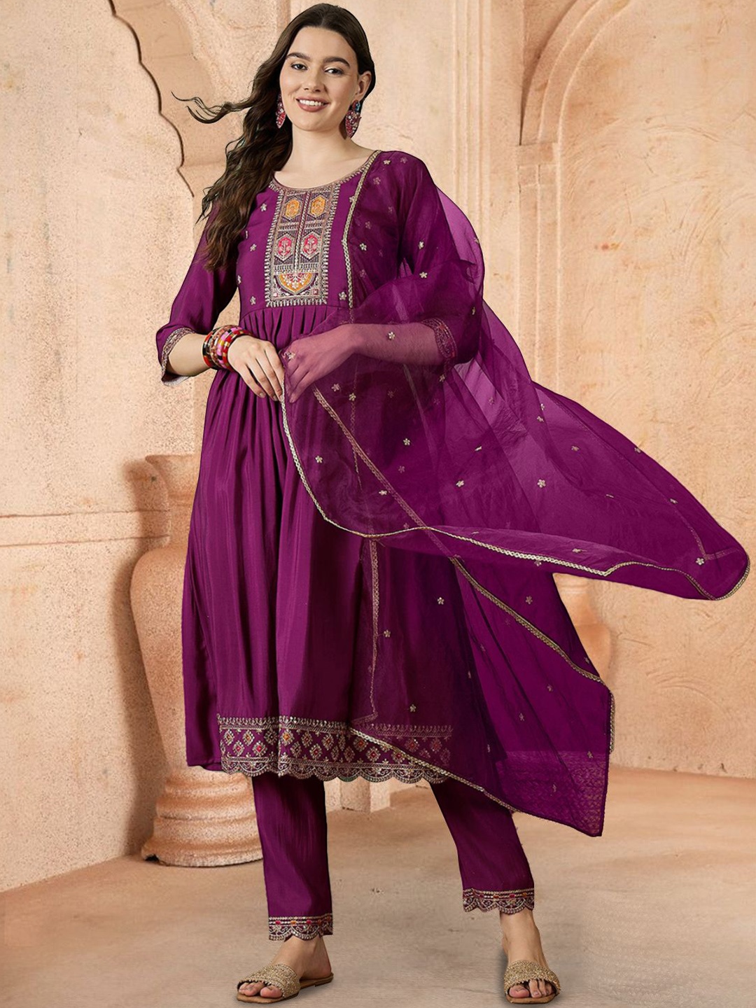 

Sangria Floral Yoke Design Pleated A-Line Kurta With Trouser And Dupatta, Burgundy