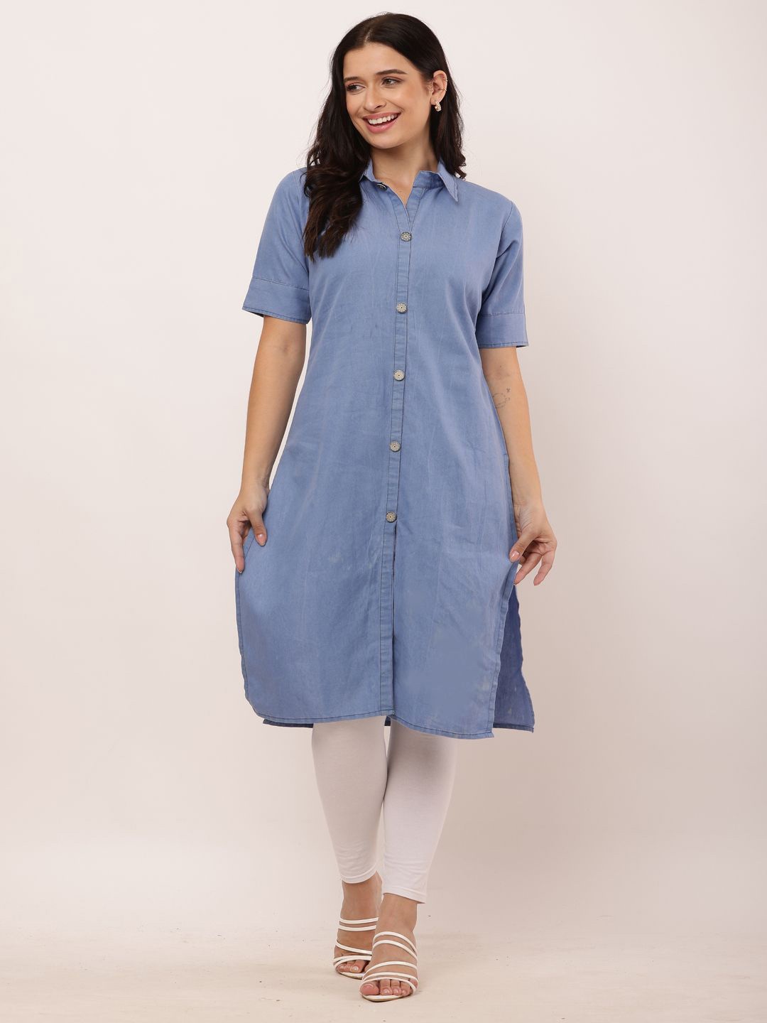 

Sellingsea Denim Shirt Collar Straight Kurta, Blue