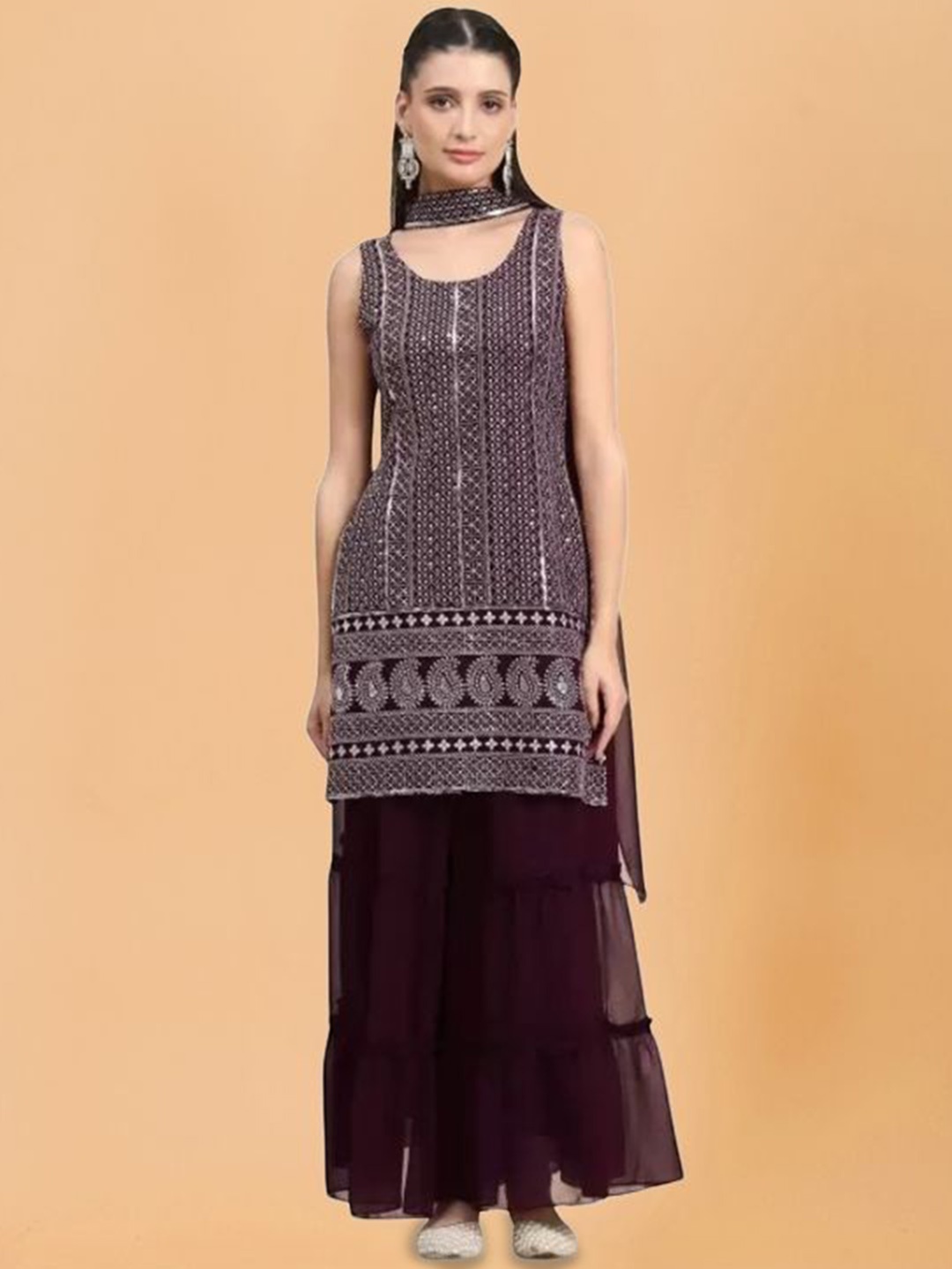 

PARROT CREATION Floral Embroidered Sequinned Georgette Kurti With Palazzos And Dupatta, Purple