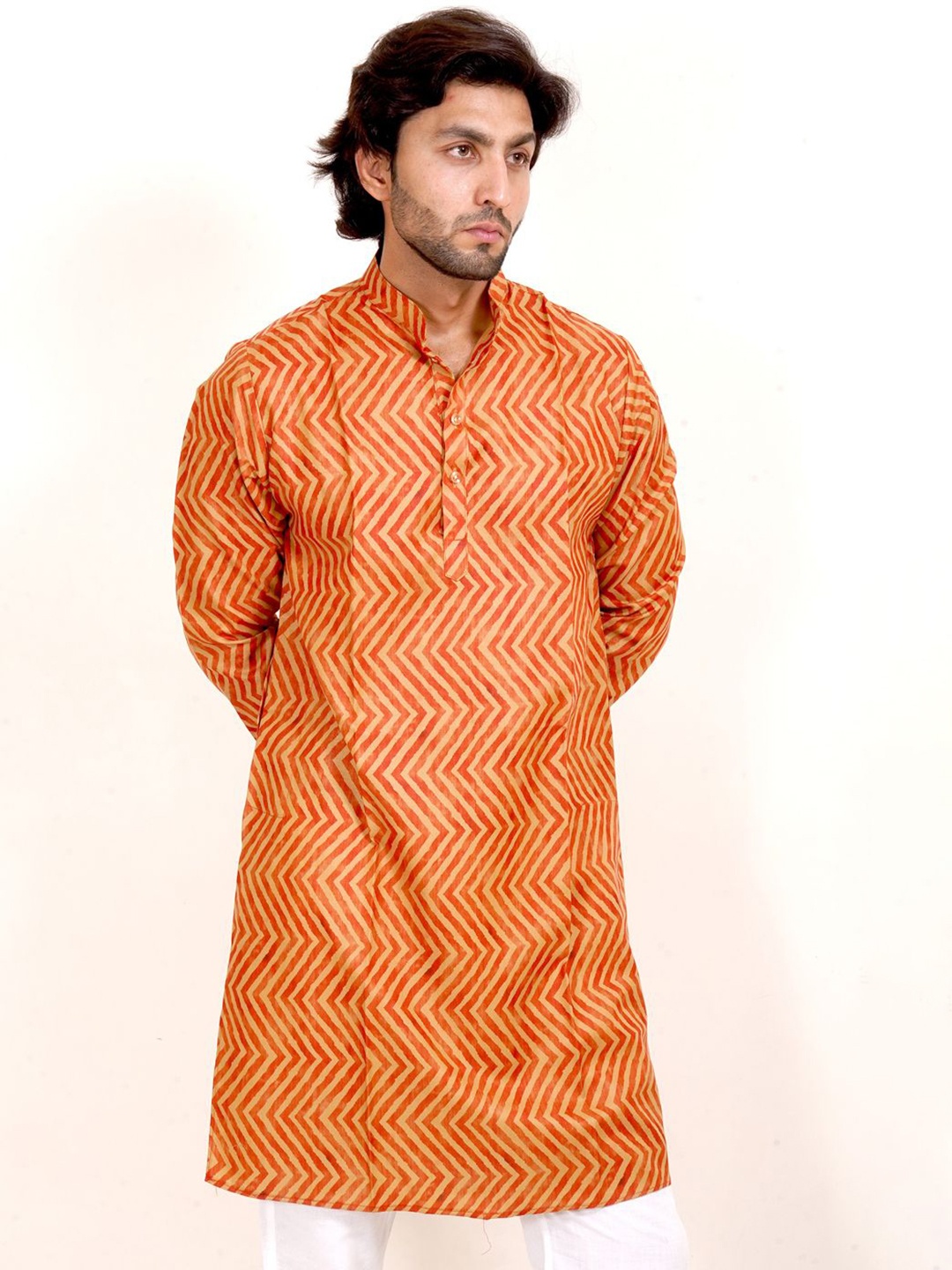 

The Kurta Studio Leheriya Printed Mandarin Collar Cotton Straight Kurta, Orange