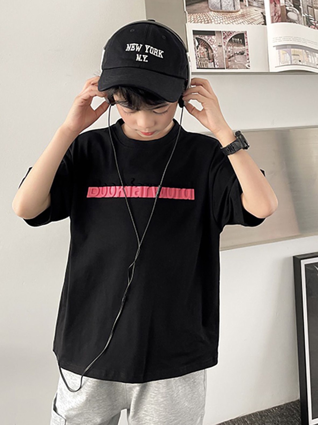 

LULU & SKY Boys Typography Printed Round Neck Cotton Oversized T-shirt, Black