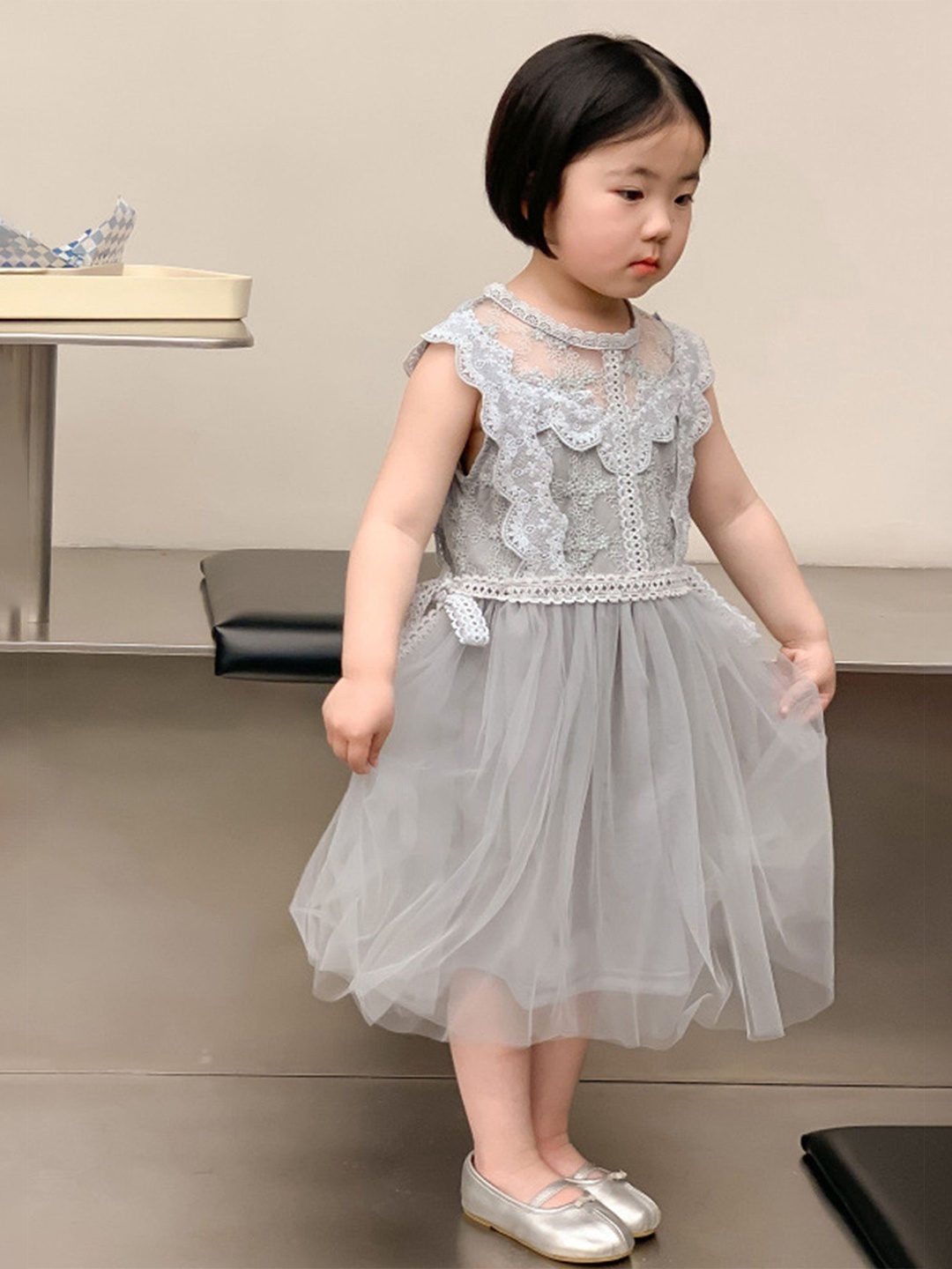 

LULU & SKY Girls Lace Detail Fit & Flare Dress, Grey
