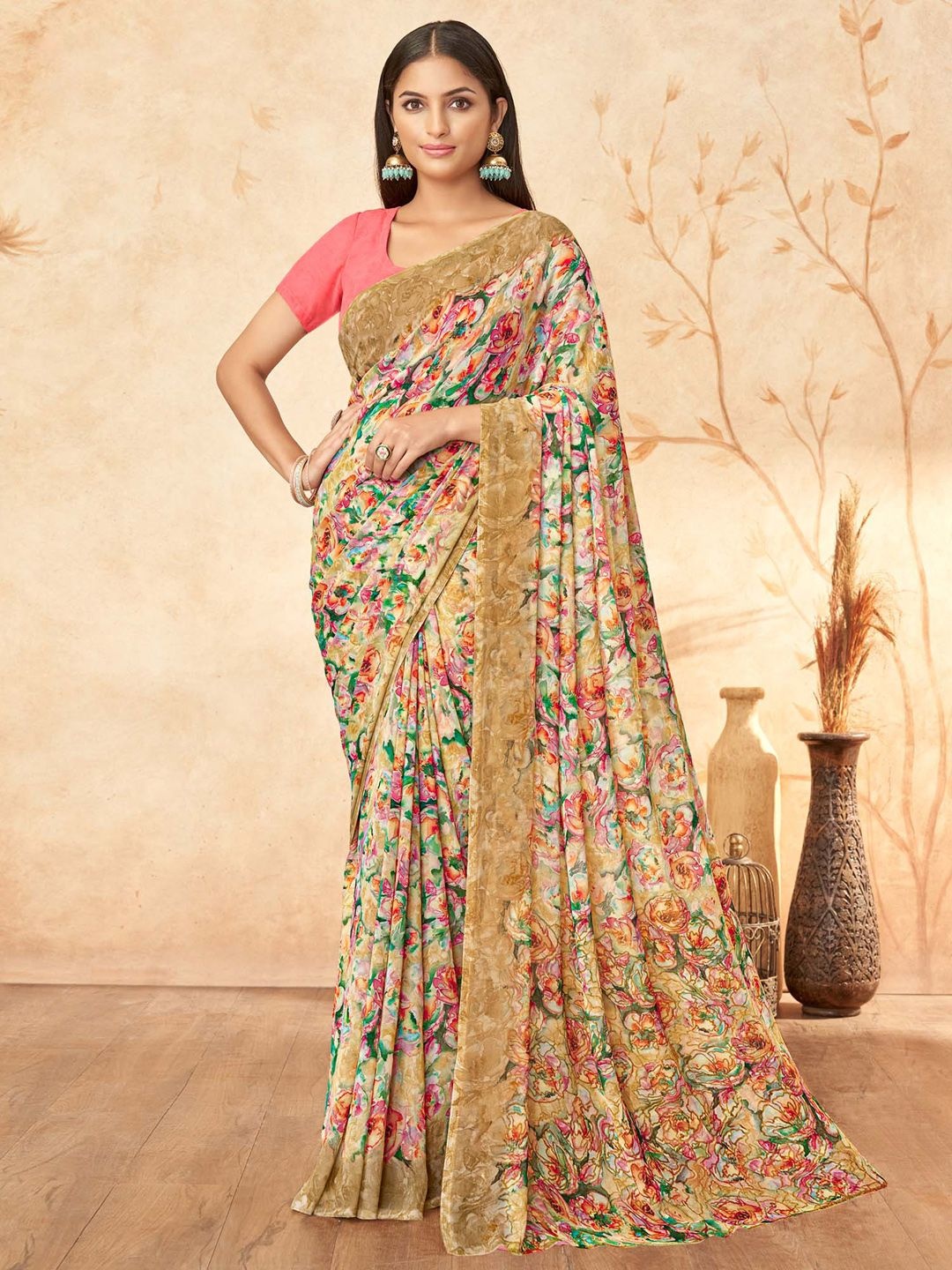 

Anouk Rustic Floral Poly Georgette Sungudi Saree, Beige