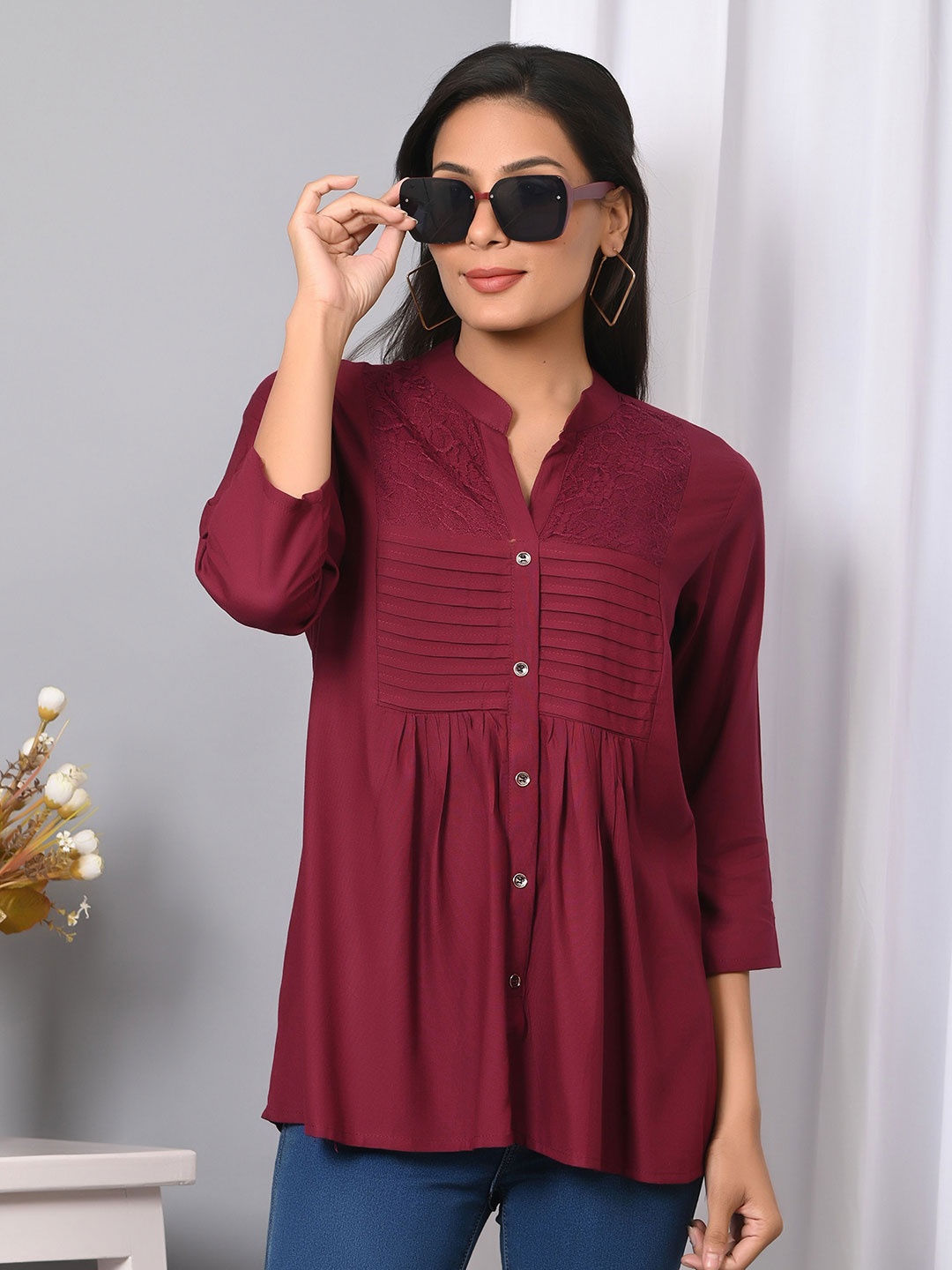 

VYMO Embellished Mandarin Collar Cotton Top, Purple