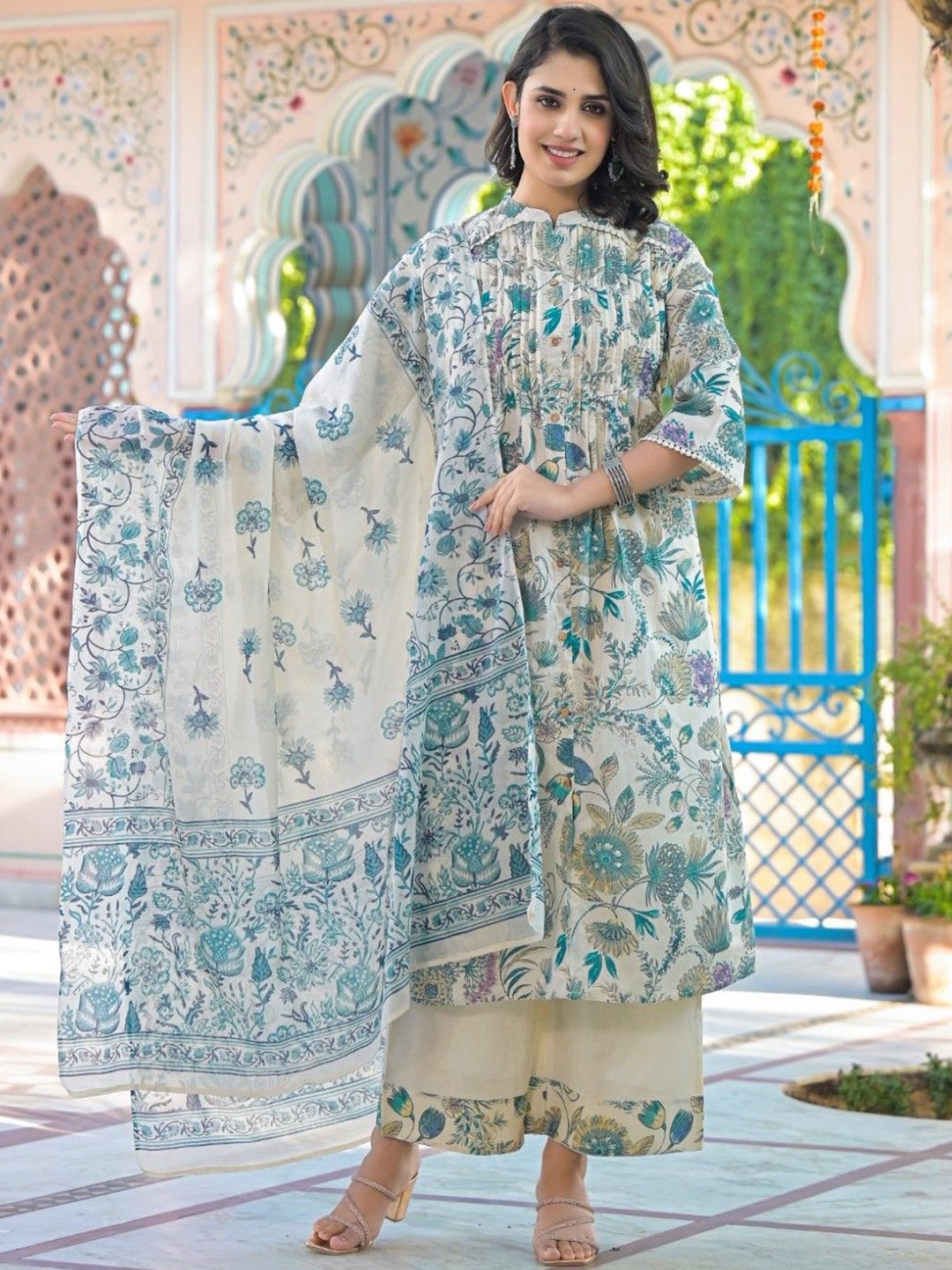 

AUTUMN LANE Women Floral Printed Regular Pure Cotton Kurta with Palazzos & With Dupatta, Blue