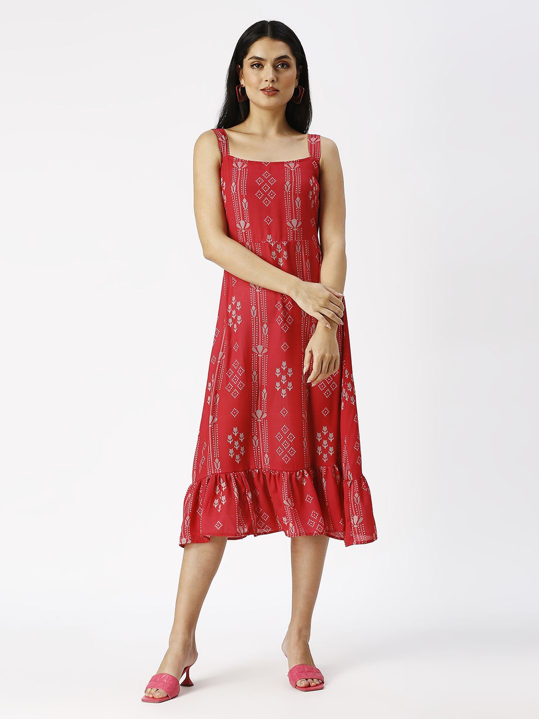 

Noia Ethnic Motifs Print Ruffled Crepe A-Line Midi Dress, Pink