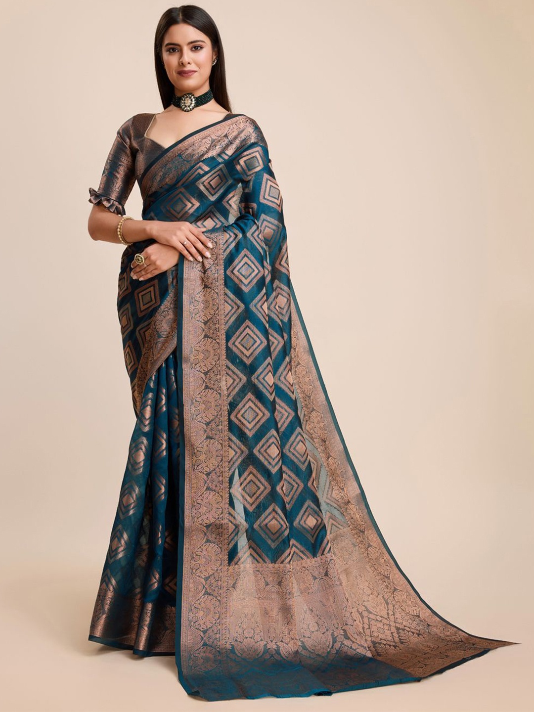 

SILKWEAR Ethnic Motifs Zari Organza Banarasi Saree, Teal