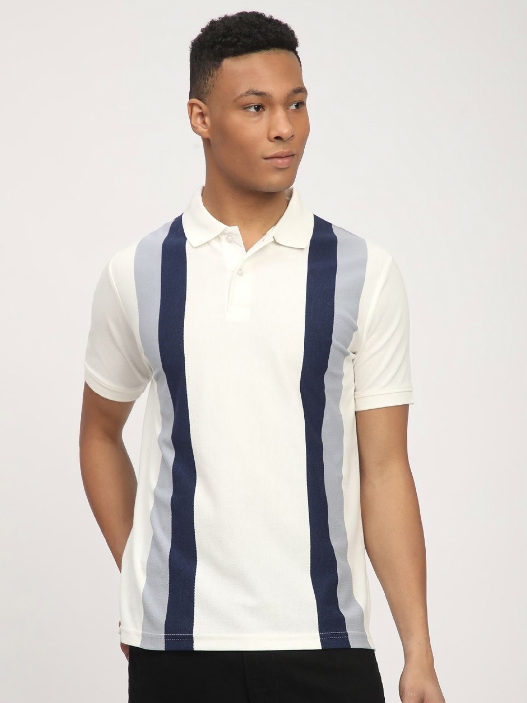 

R&B Men Striped Polo Collar T-shirt, White