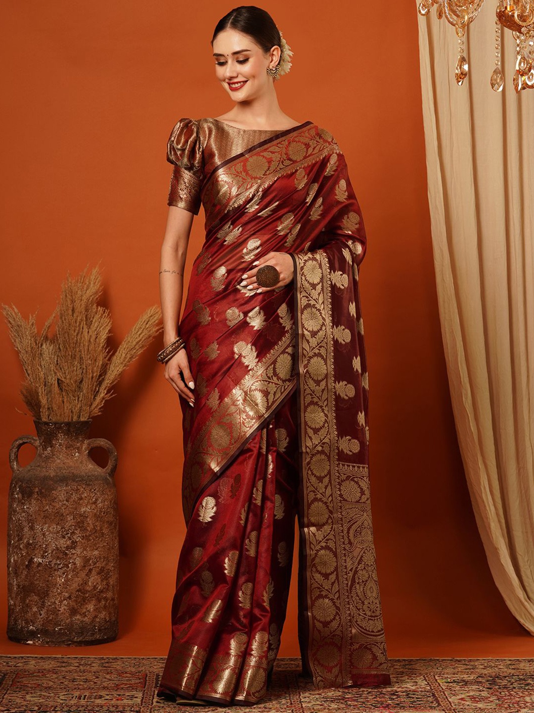 

SILKWEAR Floral Zari Organza Banarasi Saree, Maroon