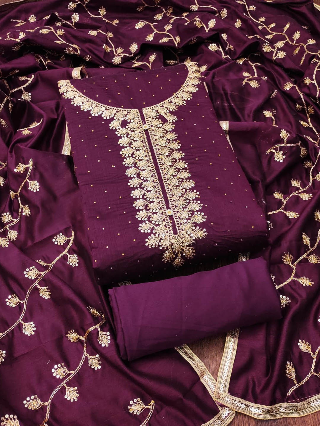 

RUDRAA FAB Floral Embroidered Sequinned Unstitched Dress Material, Purple