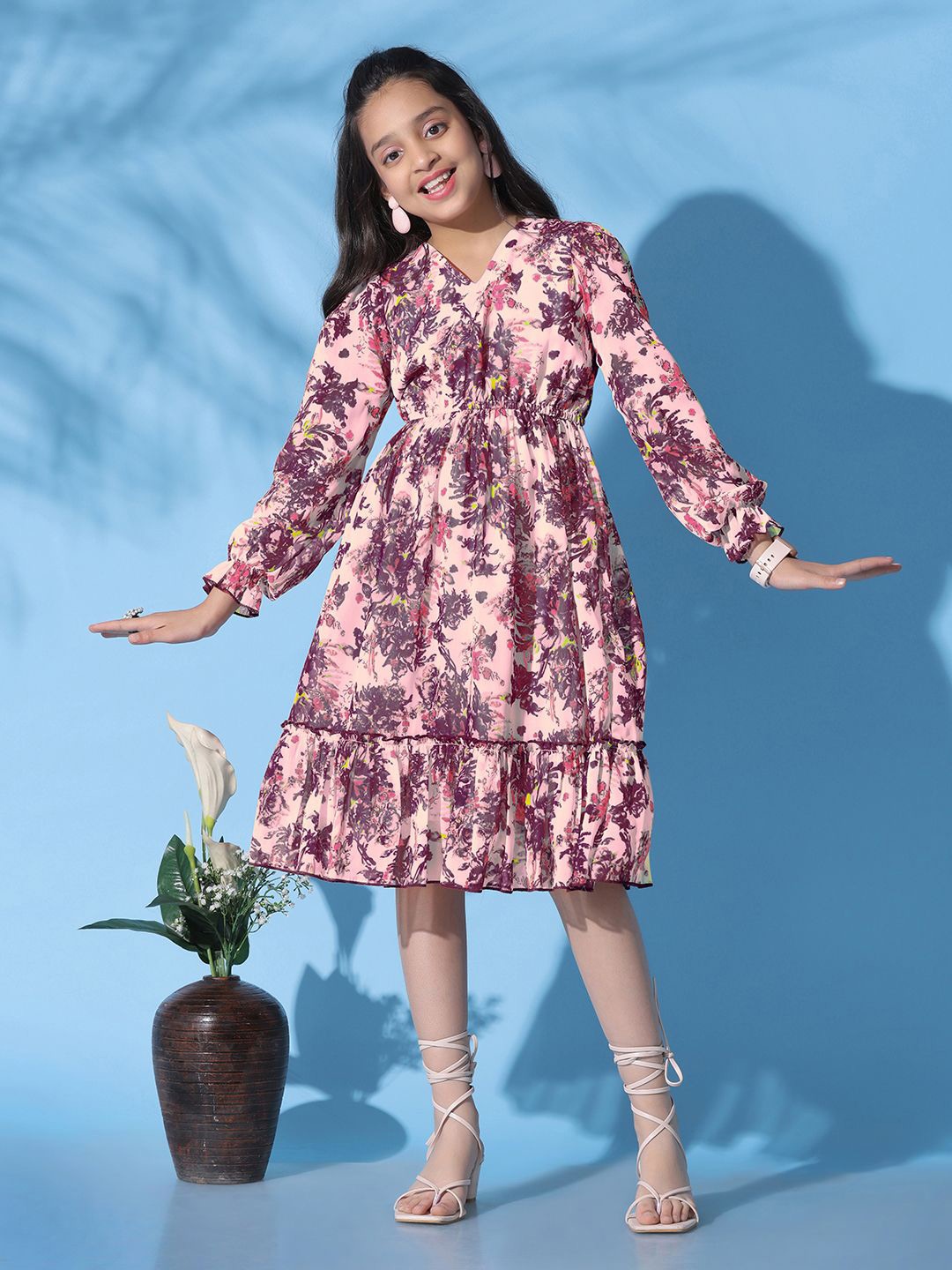 

YK Floral Print Puff Sleeve Fit & Flare Dress, Pink