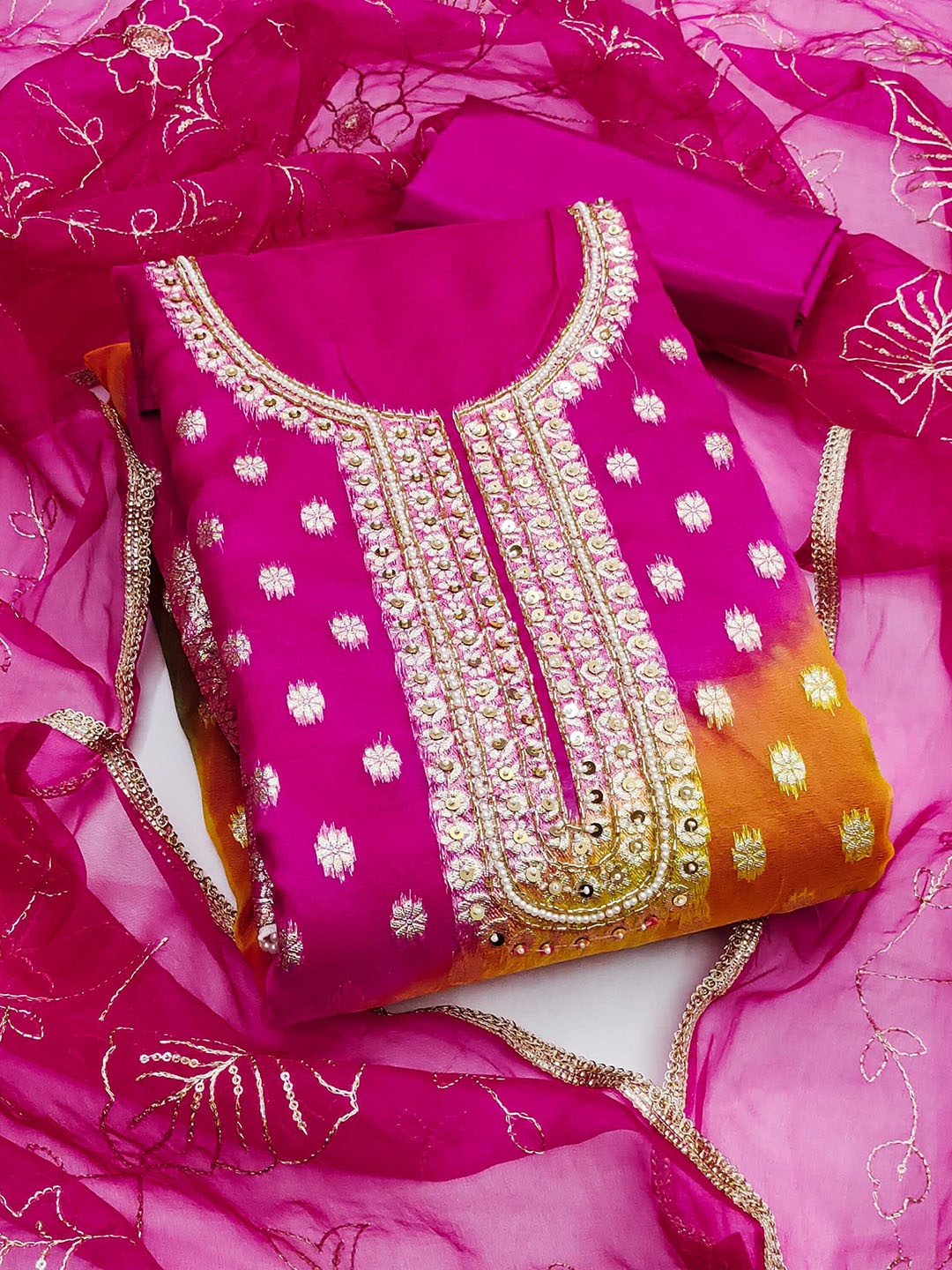 

SAINOOR Sai Floral Woven Design Beads & Stones Organza Banarasi Unstitched Dress Material, Pink