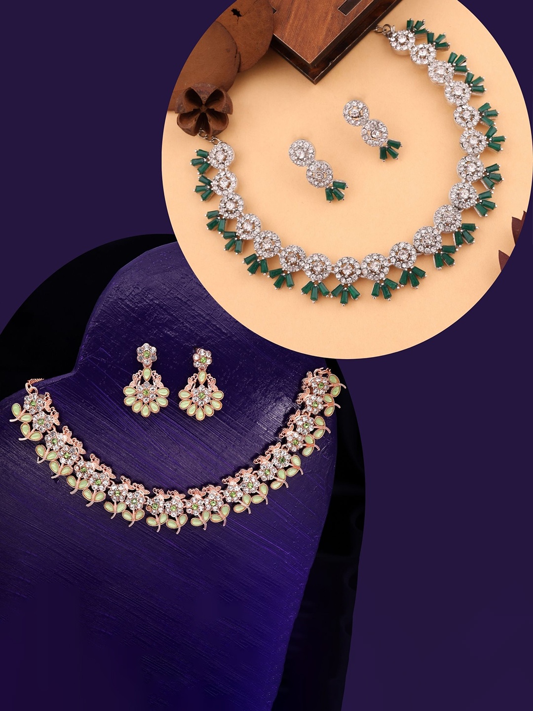 

DIVASTRI Set Of 2 Silver Plated & Gold Plated American Diamond Studded Jewellery Set