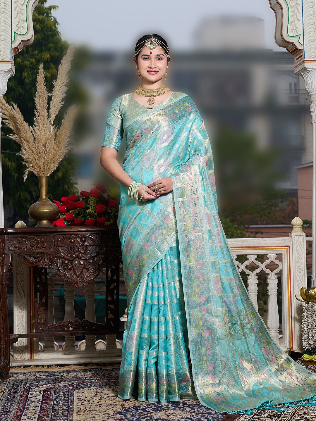 

K 5 Fashion Woven Design Zari Organza Saree, Blue