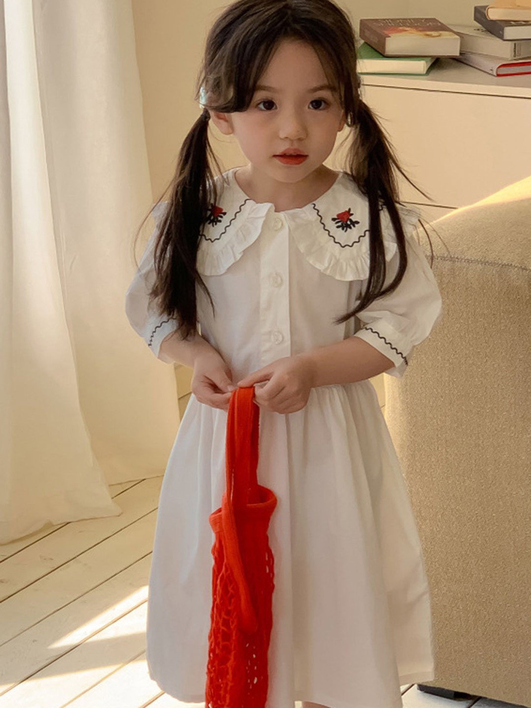 

LULU & SKY Girls Peter Pan Collar Puff Sleeves Cotton Fit and Flare Midi Dress, White