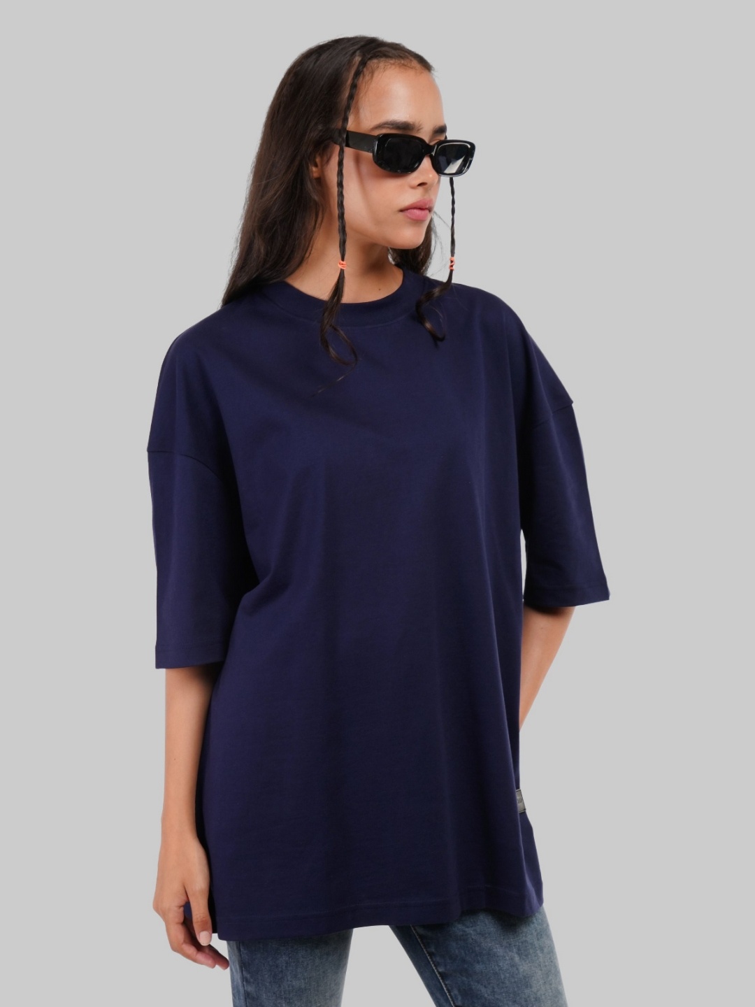 

Underrated Club Women Bio Finish Solid Round Neck Cotton Oversized T-shirt, Navy blue