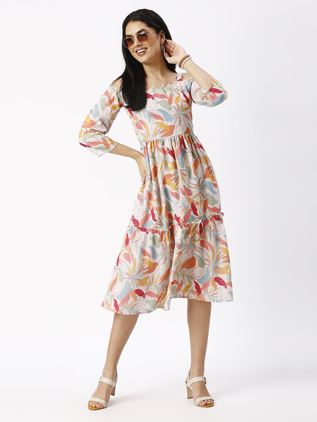 

Noia Floral Print Cold-Shoulder Fit & Flare Midi Dress, White