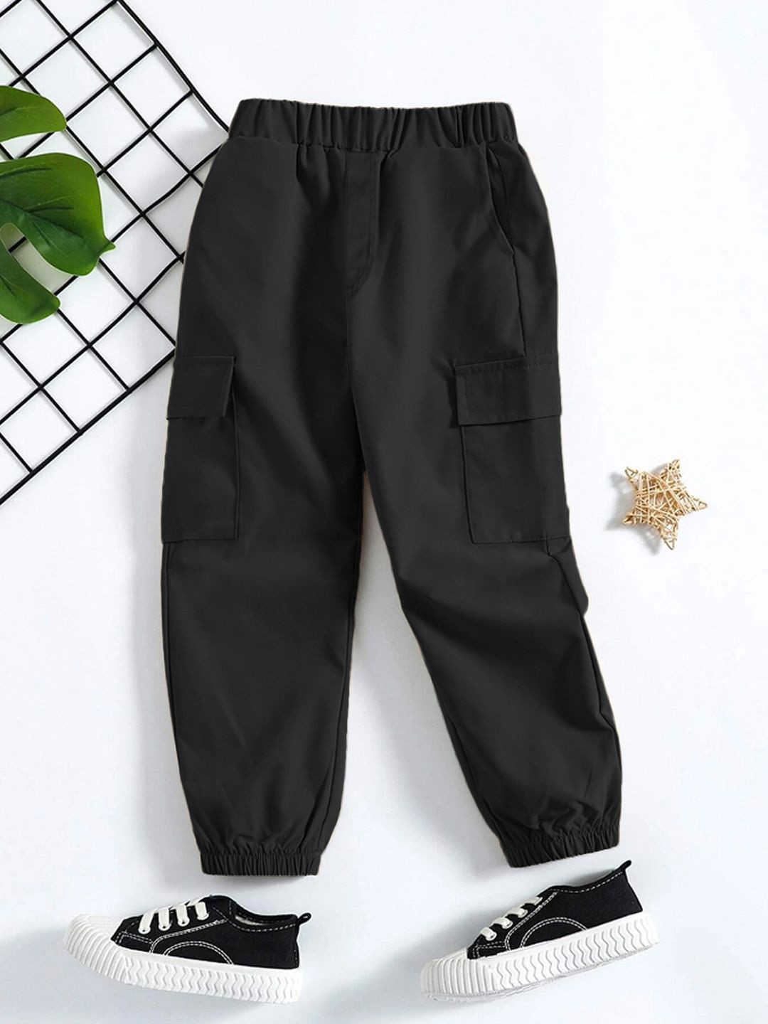 

YK X Trampoline Boys Cotton Relaxed Pleated Cargos Trousers With 4 Pockets, Black
