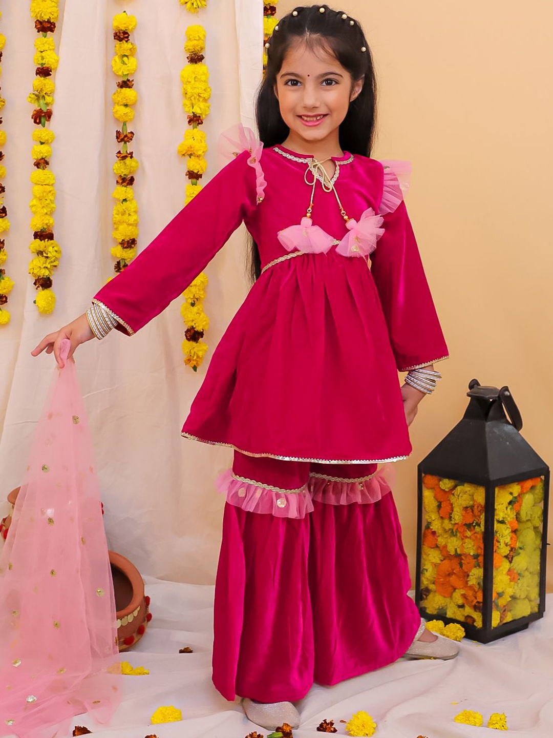 

KID1 Girls Printed Keyhole Neck Anarkali Kurta With Sharara And Dupatta, Fuchsia